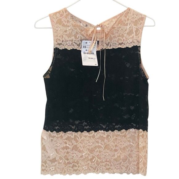 NWT Zara Basic Collection Colorblock Lace Sleeveless Blouse Pink Black XS - Picture 2 of 6